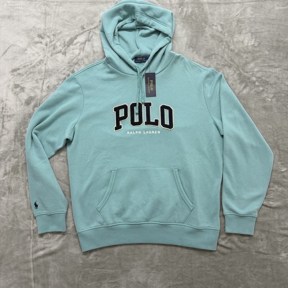 NWT Polo Ralph Lauren Applique Logo Fleece Hoodie Mens L Aqua Blue Teal Pullover